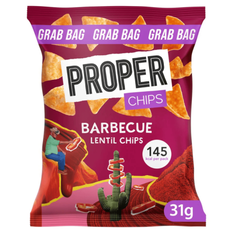 Pack of Proper barbecue lentil chips, featuring vibrant packaging with illustrations.