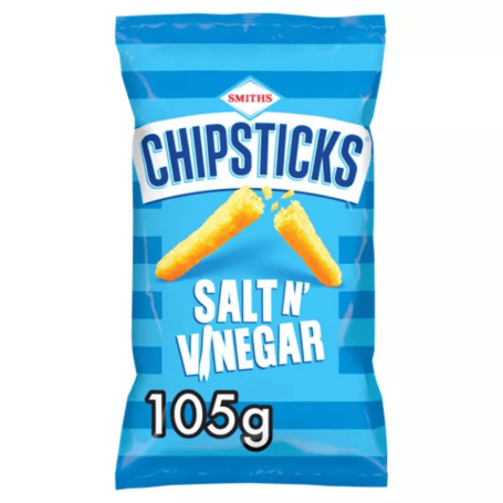 Pack of Chipsticks salt and vinegar snack, 105g, with blue and white striped background.