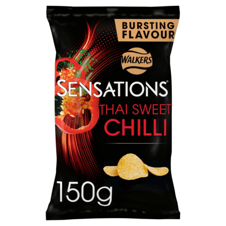 Pack of Walkers Sensations Thai Sweet Chilli crisps, 150g, featuring vibrant packaging.