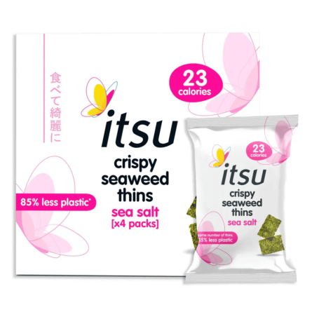 Crispy seaweed thins in sea salt flavour, pack of 24, with minimal plastic packaging.