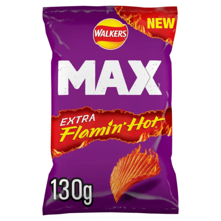 Purple packet of Walkers MAX Extra Flamin' Hot crisps, 130g.