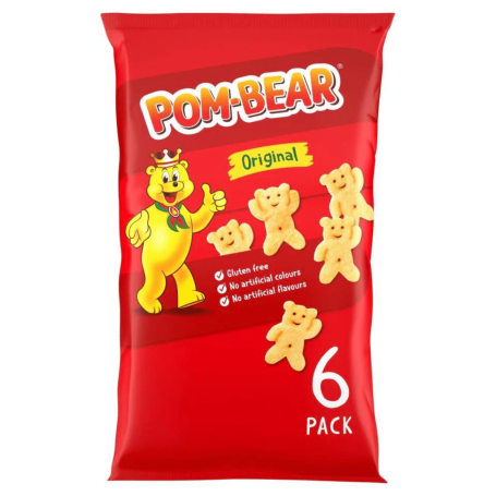 Pack of Pom-Bear original snacks featuring a yellow bear mascot and six snacks visible.