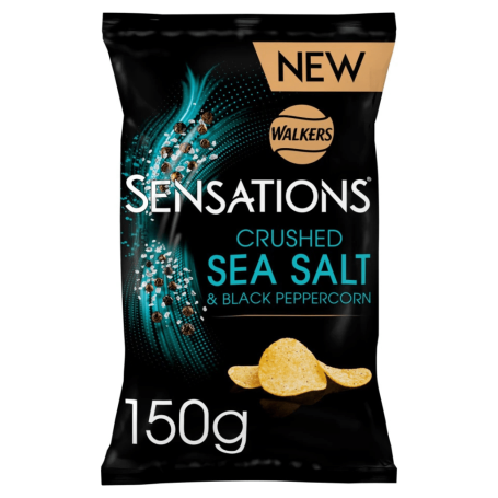 Pack of Walkers Sensations Crushed Sea Salt and Black Peppercorn crisps, 150g.