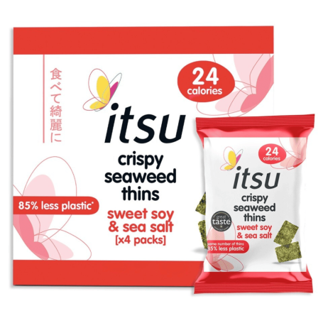 Pack of itsu crispy seaweed thins, sweet soy flavour, 24 calories per serving.