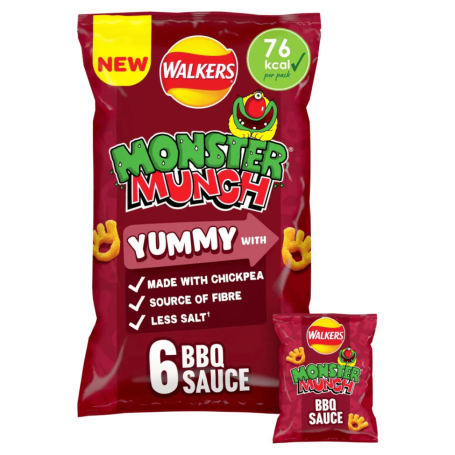 Pack of Walkers Monster Munch snacks in BBQ sauce flavour, featuring a new design.