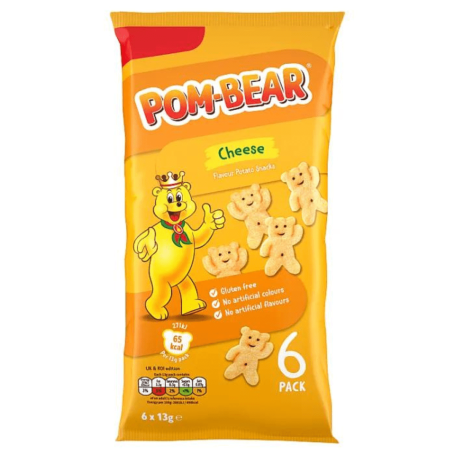 Cheese-flavoured Pom-Bear snacks in a six-pack, featuring a bear mascot on the packaging.