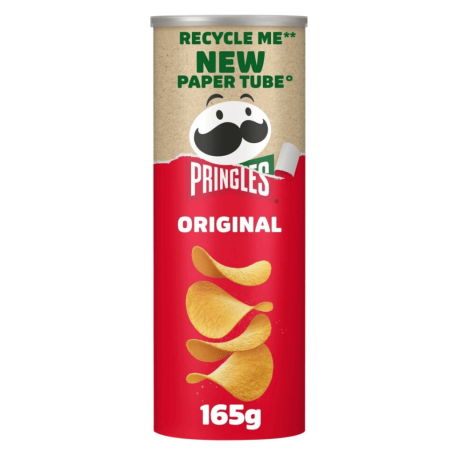 A cylindrical tube of Pringles Original crisps, designed for recycling.