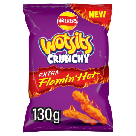 Purple bag of Walkers Wotsits Crunchy, Flamin' Hot flavour, 130g.