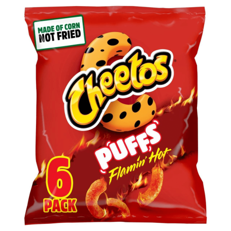 Pack of Cheetos Puffs, Flamin' Hot flavour, containing six individual bags.