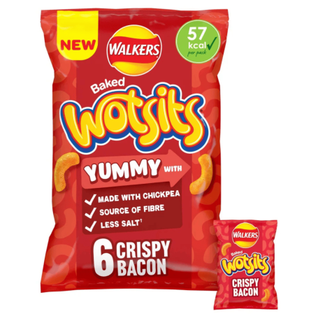 A red packet of Walkers Baked Wotsits with crispy bacon flavour, featuring six snacks.